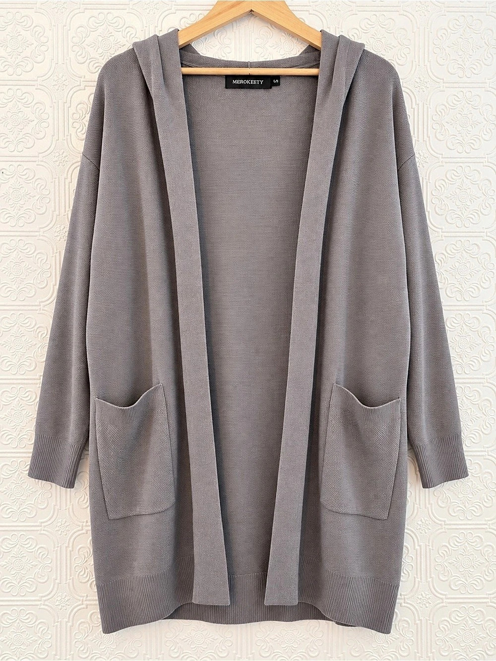 MEROKEETY Gray Hooded Open Front Long Cardigan Small | Mint Condition